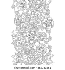 Vector doodle flowers seamless border. Zentangle style decorative element.