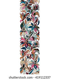 Vector doodle flowers seamless border. Style decorative element. Colorful hand draw pattern. Bright ribbon, strip, band, edging,  bordure.