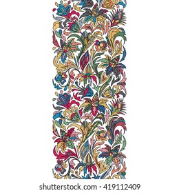 Vector doodle flowers seamless border. Zentangle style decorative element. Colorful hand draw pattern. Bright ribbon, strip, band, edging,  bordure.