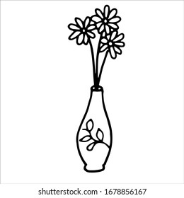 Vector doodle flowers in vase on white background.