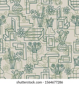 Vector doodle flowers in vase seamless pattern background
