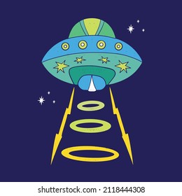 Vector Doodle Flying Saucer, UFO Style Illustration For Posters, Decoration And Printing. A Hand-drawn Sketch Of A UFO. Vintage, Retro Style..eps