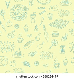 Vector doodle food elements pattern. Doodle pattern with cooking elements hand drawn for web design, textile design, wallpapers and backgrounds.