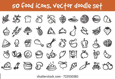 Vector doodle food icons set. Stock cartoon signs for design.