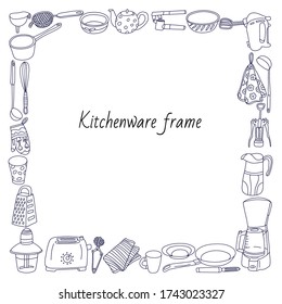 Vector doodle frame with kitchen tools, utensil and appliances.  Hand drawn illustration isolated on white.