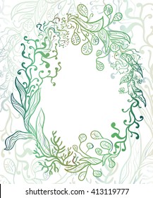 Vector doodle frame on marine theme.Hand drawing different marine algae. Semi transparent frame on blue background.Clip art for design,banners, business cards and postcards
