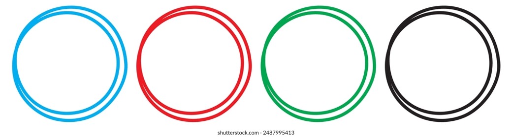 Vector doodle frame. Pen draw circle in red, black, green and blue. Vector illustration circle set.