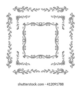 Vector doodle frame. Vintage Herbal, flower, grass, branch and leaves elements, square or rectangle form corner. Wedding invitation card design. Black line on white background. Version 4