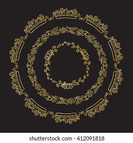Vector doodle frame. Vintage Herbal, flower, grass, branch and leaves elements. Gold metallic style. Wedding invitation card design. Isolated on white background Version 1