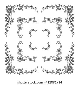 Vector doodle frame. Vintage Herbal, flower, grass, branch and leaves elements, square or rectangle form corner. Wedding invitation card design. Black line on white background. Version 1