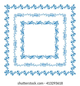 Vector doodle frame. Vintage Herbal, flower, grass, branch and leaves elements, square or rectangle form corner. Wedding invitation card design. Blue watercolor or ink style. Version 2