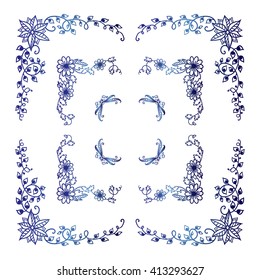 Vector doodle frame. Vintage Herbal, flower, grass, branch and leaves elements, square or rectangle form corner. Wedding invitation card design. Blue watercolor or ink style. Version 6