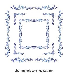 Vector doodle frame. Vintage Herbal, flower, grass, branch and leaves elements, square or rectangle form corner. Wedding invitation card design. Blue watercolor or ink style. Version 4