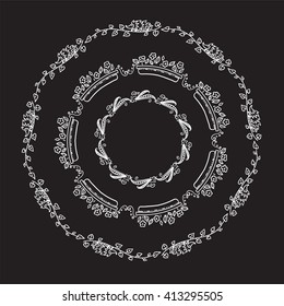 Vector doodle frame. Vintage Herbal, flower, grass, branch and leaves elements, sketch hand drawn style. Wedding invitation card design. White line on black background. Version 2