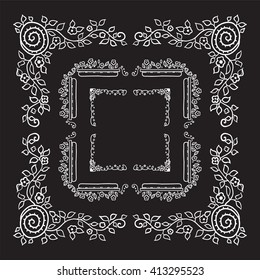 Vector doodle frame. Vintage Herbal, flower, grass, branch and leaves elements, square or rectangle form corner. Wedding invitation card design. White line on black background. Version 2