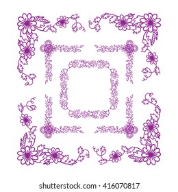 Vector doodle frame. Vintage Herbal, flower, grass, branch and leaves elements, square or rectangle form corner. Wedding invitation card design. Beautiful lilac, violet color line. Version 2