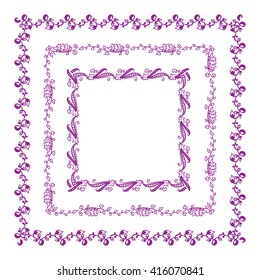 Vector doodle frame. Vintage Herbal, flower, grass, branch and leaves elements, square or rectangle form corner. Wedding invitation card design. Beautiful lilac, violet color line. Version 5
