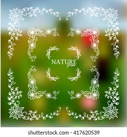 Vector doodle frame. Vintage Herbal, flower, grass, branch and leaves elements, square or rectangle form corner. Wedding invitation card design. White line on color background. Version 1