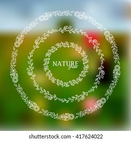 Vector doodle frame. Vintage Herbal, flower, grass, branch and leaves elements, sketch hand drawn style. Wedding invitation card design. White line on color background Version 3