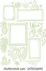 Vector doodle frames. Travelling and vacation. Ubud. Bali. Indonesia