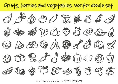 Vector doodle fruits, berries and vegetables icons set. Stock cartoon signs for design.