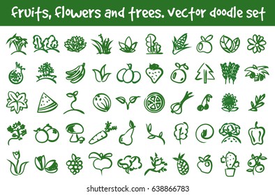 Vector doodle fruits, flowers and trees icons set. Stock cartoon signs for design.