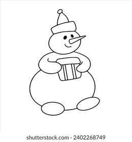 Vector doodle. Funny snowman with a Christmas gift box. Coloring book for children