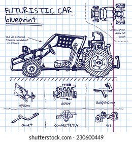 Vector doodle futuristic car scheme in exercise book. Eps10