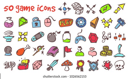 Vector doodle game icons set. Stock cartoon signs for design.