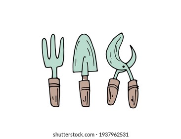 vector doodle gardening illustration. garden tools, shovel, rake, scissors