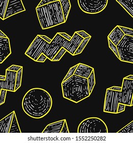 vector doodle geometric wood outlines seamless pattern on black