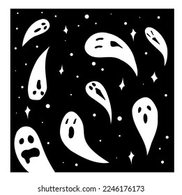 vector doodle ghosts in the starry sky.
coloring ghosts and stars. can also be a postcard