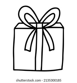 Caja de regalo del doodle vectorial. Mano dibujada caja presente con arco