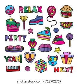 Vector doodle girly party and celebration clipart lineart elements set