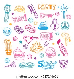 Vector doodle girly party and celebration clipart lineart elements set