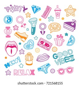 Vector doodle girly party and celebration clipart lineart elements set