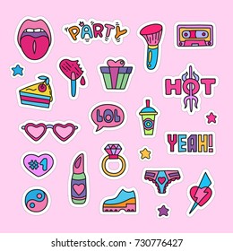 Vector doodle girly party and celebration clipart lineart elements set