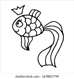 Vector doodle goldfish isolated on white background. Fish witn crown. Coloring page for kids.