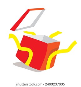 Vector doodle graphic of a red gift box, opened gift box, the cover is on the air, isolated on white background.
