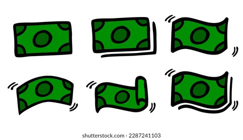 vector doodle green black outline blank paper money, set 6
