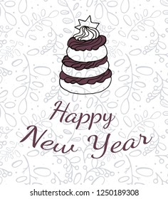 Vector doodle greeting card with creamy cake drawn in childish doodle manner with ink