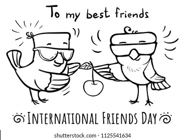 Vector doodle greeting card Friends Day Bird give cherry to Bird - coloring
