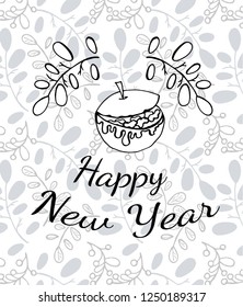 Vector doodle greeting card with stuffed with nuts apple drawn in childish doodle manner with ink