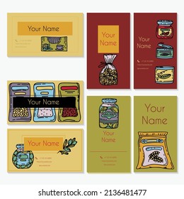 Vector doodle productos de tienda para tarjetas de visita. Iconos de escenas dibujadas a mano. Comida y bebida. Cañones naturales, panadería y productos a base de cereales