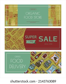 Vector doodle grocery store products. Hand drawn scetch banners. Food and drink. Natural canned, bakery and cereal products. Sale. Delivery.App store