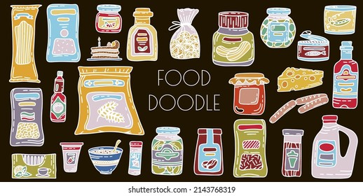 Vector doodle grocery store products. Hand drawn scetch icons. Food and drink. Natural canned, bakery and cereal products