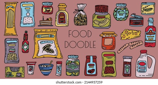 Vector doodle grocery store products. Hand drawn scetch icons. Food and drink. Natural canned, bakery and cereal products