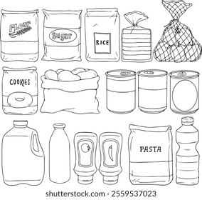 Vector doodle grocery store products. Hand drawn scetch icons. Food and drink. Natural canned, bakery and cereal products, Vector set