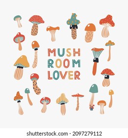 Vector doodle groovy mushrooms with hand drawn lettering text - Mushroom lover. Hand drawn colorful fly agarics illustration in trendy vintage colors. Flat design.