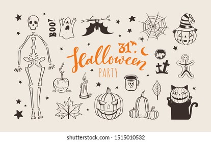 Vector doodle Halloween night collection. Spooky and scary night, pumpkin, skeleton, cat characters